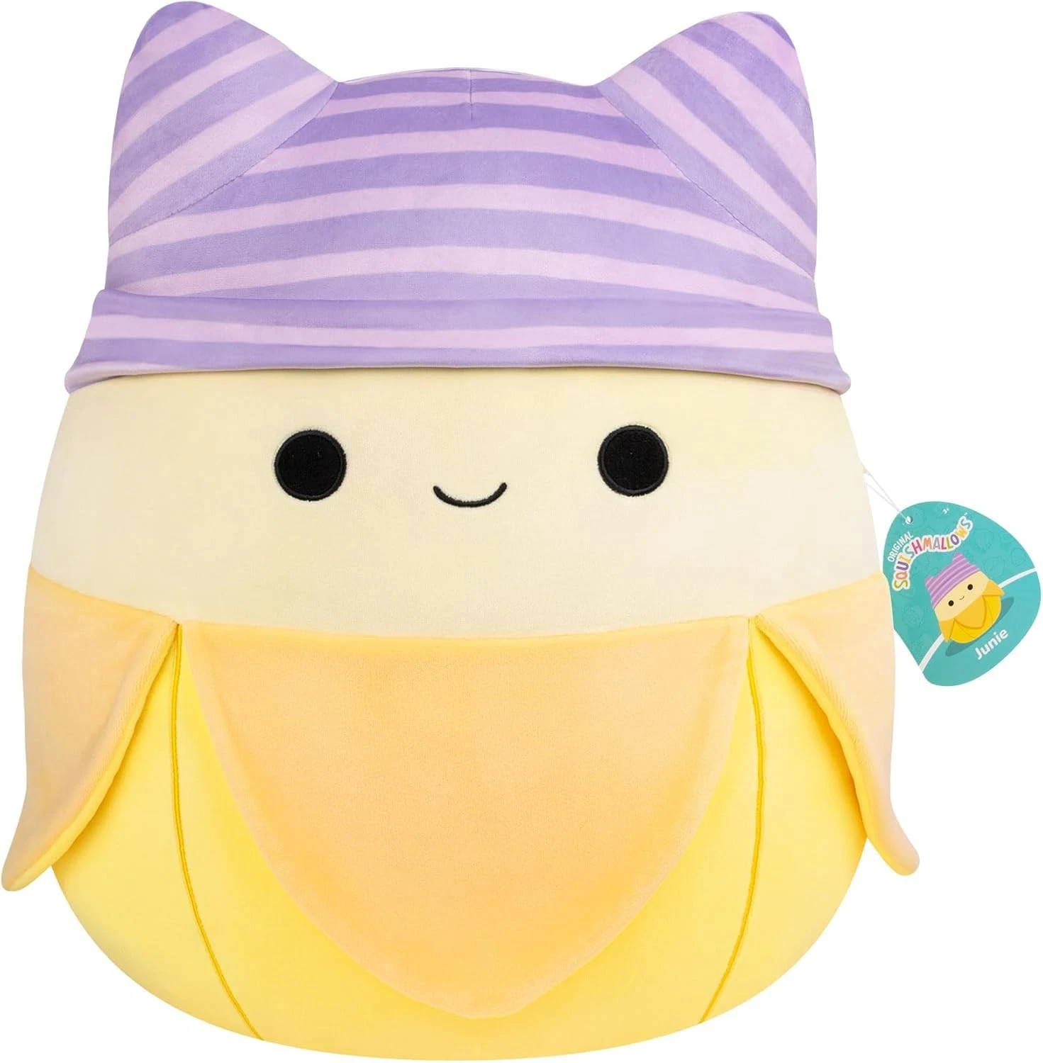 Jazwares | Squishmallows Junie Yellow Banana with Purple Striped Cat Beanie | 40cm Large Plush